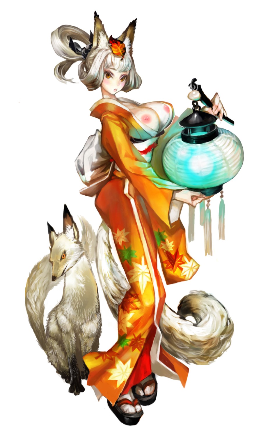 animal_ear areolae big_breasts breasts breasts_out erect_nipples female fox_ear highres kimono kitsune kongiku large_breasts looking_at_viewer muramasa_the_demon_blade nipples open_clothes rule34 tail white_fur white_hair