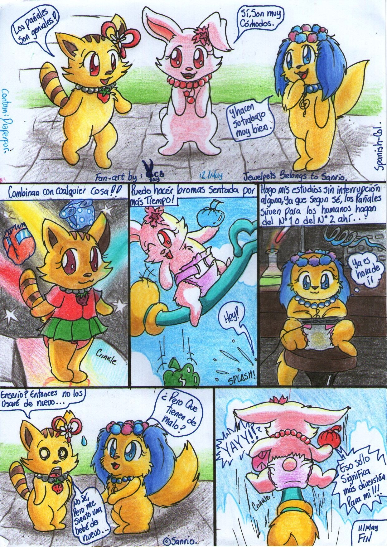 2013 :3 anthro biped bird_dog blue_body blue_eyes blue_fur bodily_fluids canid canine canis cavalier_king_charles_spaniel clothing colored_pencil_(artwork) comic conejoblanco dialogue diaper domestic_cat domestic_dog e621 featureless_crotch felid feline felis female fur g_clef genital_fluids group hi_res hunting_dog jewelpet jewelry lagomorph leporid mammal mixed_media musical_clef musical_symbol necklace open_mouth pen_(artwork) pink_body pink_fur rabbit red_eyes ruby_(jewelpet) sango_(jewelpet) sanrio sapphie_(jewelpet) sega sega_fave sitting spaniel spanish_text standing symbol tabby_cat text tongue tongue_out toy_dog traditional_media_(artwork) translated unclean_diaper urine used_diaper wet_diaper wetting yellow_body yellow_fur young young_anthro
