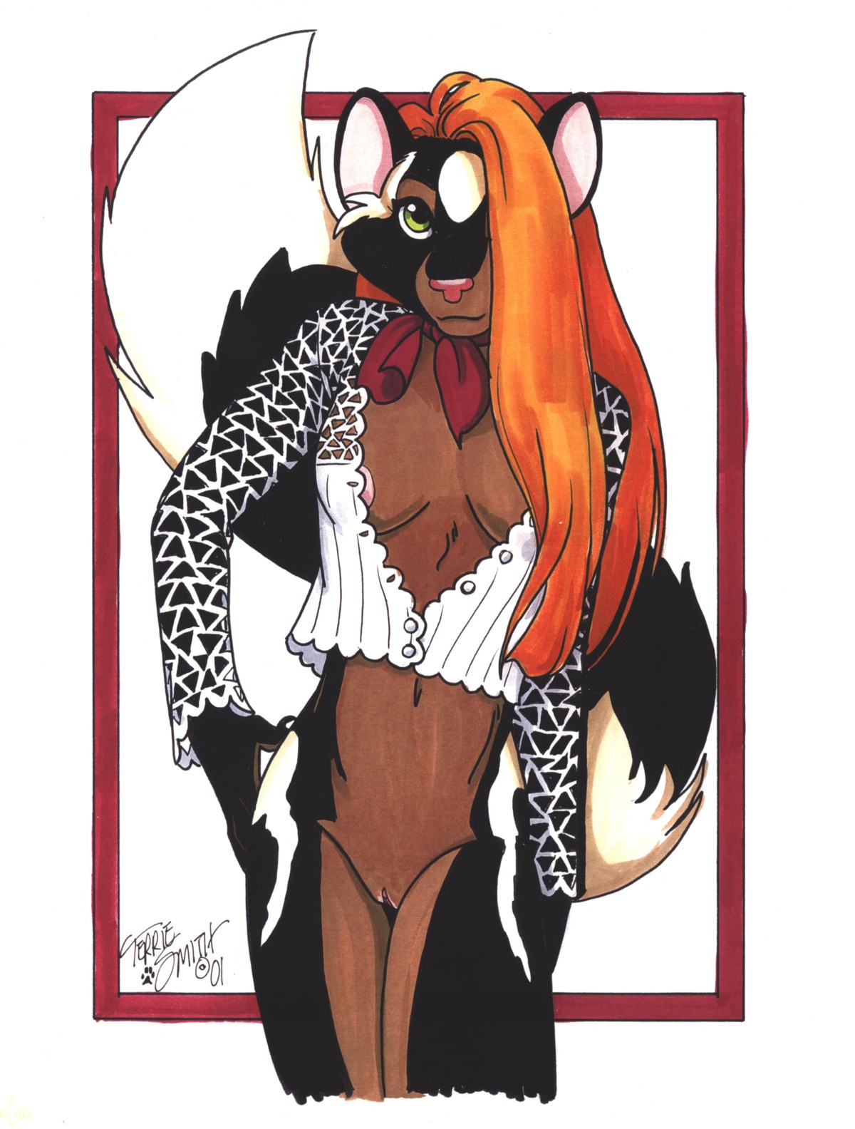 2001 anthro black_fur bottomless brown_fur cleavage exposed_nipple female fur furry hair_over_eyes high_resolution pussy rule34 skunk solo terrie_smith white_fur