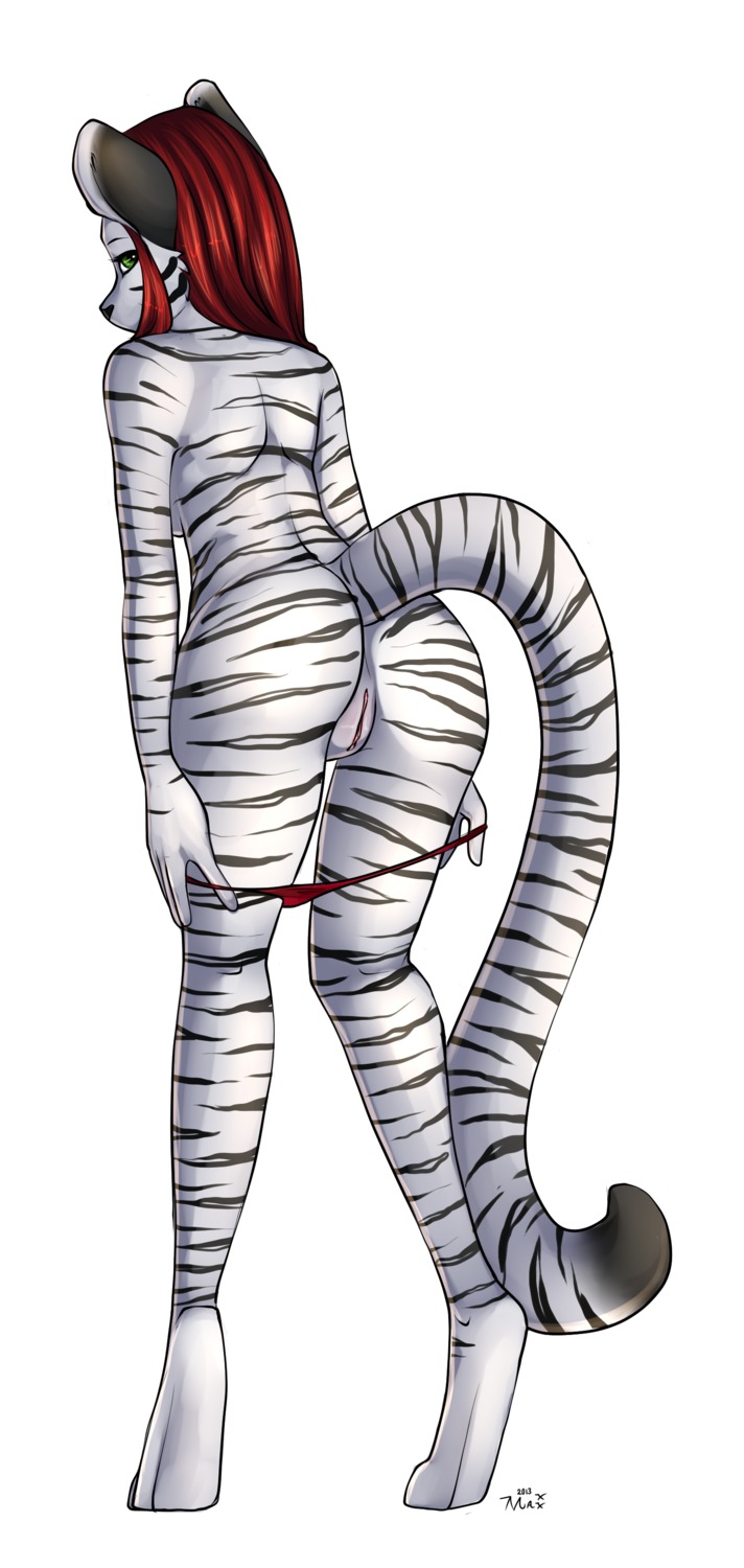 absurd_res anthro biped butt clothed clothing e621 felid female genitals hair hi_res looking_at_viewer looking_back mammal pantherine panties red_hair reina. simple_background skimpy solo standing tiger topless underwear undressing vulva white_background