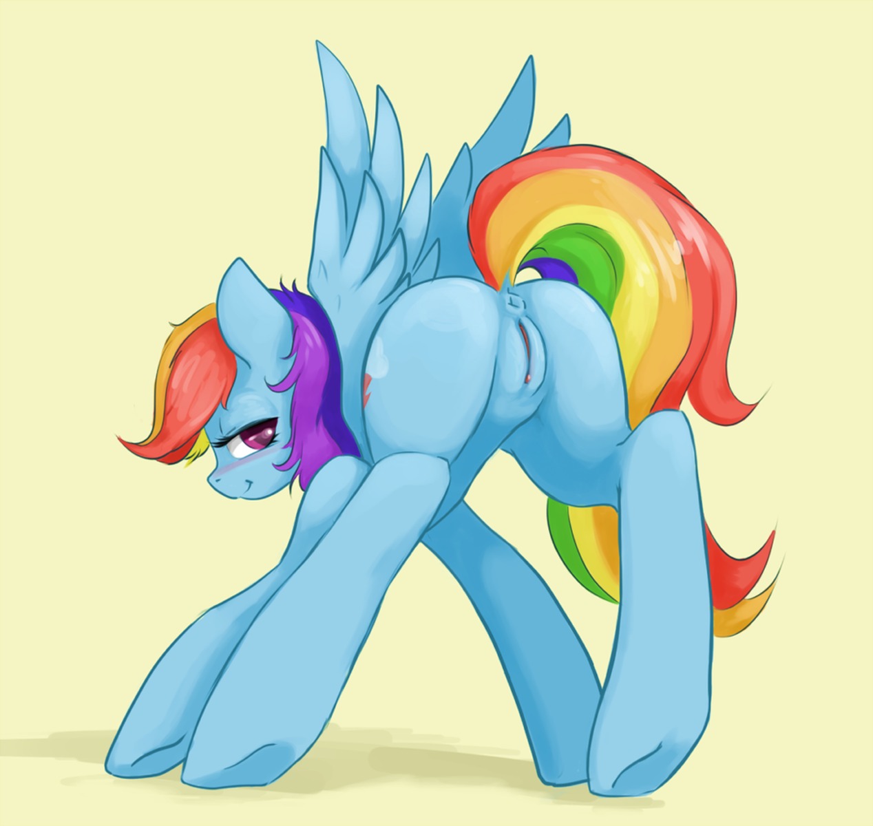 anus blue_body blue_feathers blue_fur blush butt cutie_mark e621 equid equine feathered_wings feathers female feral friendship_is_magic fur genitals hair hasbro hi_res justpony looking_at_viewer looking_back mammal multicolored_hair multicolored_tail my_little_pony mythological_creature mythological_equine mythology nude pegasus presenting presenting_hindquarters presenting_vulva purple_eyes rainbow_dash_(mlp) rainbow_hair rainbow_tail rear_view simple_background smile solo tail vulva wings