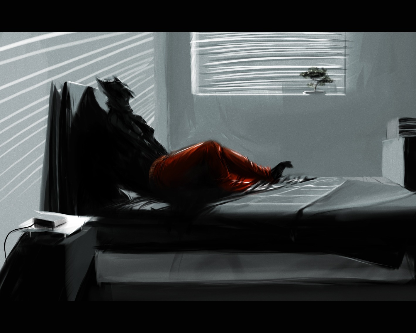 anthro black_body bonsai bottomwear breasts canid canine clothing dark e621 female mammal masturbation pants plant solo unknown_artist