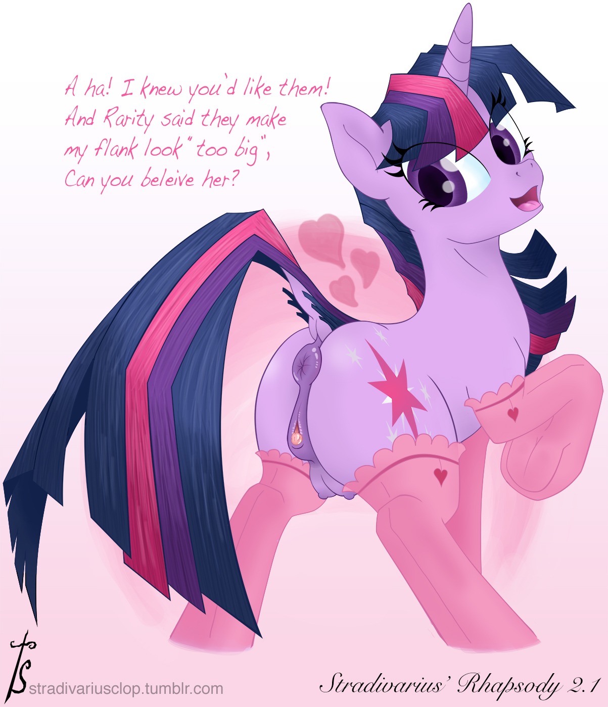 2014 anatomically_correct anatomically_correct_genitalia anatomically_correct_vulva animal_genitalia animal_vulva anus butt clitoral_winking clitoris clothing cutie_mark dialogue dock_(anatomy) e621 english_text equid equine equine_genitalia equine_vulva female feral friendship_is_magic fur genitals hair hasbro heart_symbol hi_res holidays horn legwear mammal multicolored_hair my_little_pony mythological_creature mythological_equine mythology open_mouth presenting presenting_hindquarters puffy_anus purple_body purple_eyes purple_fur purple_hair solo stockings stradivarius tail teats text twilight_sparkle_(mlp) two_tone_hair unicorn valentine's_day vulva