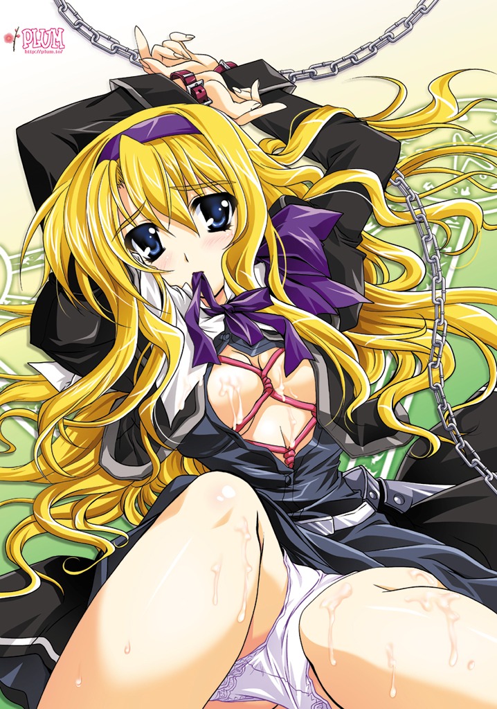 blonde_hair blue_eyes blush bondage carim_gracia chains cuffs cum female hairband kanna_(plum) long_hair lyrical_nanoha mahou_shoujo_lyrical_nanoha_strikers mouth_hold open_clothes open_shirt panties plum_(artist) rule34 shirt underwear