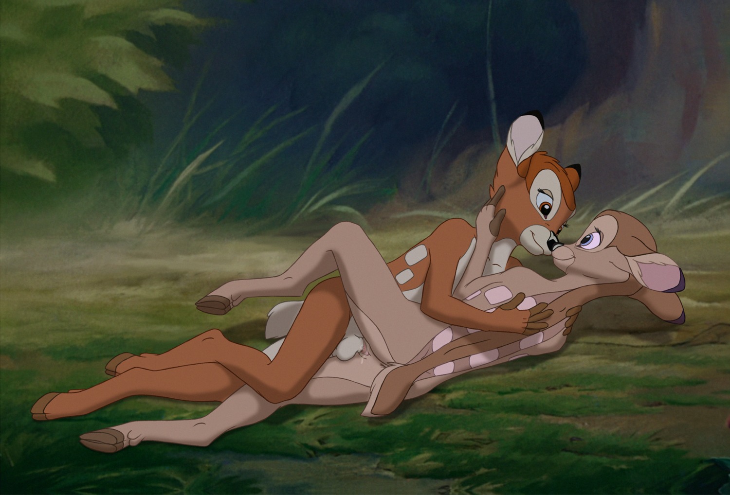5_fingers anthro anthro_on_anthro anthro_penetrated anthro_penetrating anthro_penetrating_anthro anthrofied balls bambi bambi_(film) blue_eyes bodily_fluids brown_body brown_fur brown_hair cloven_hooves cum cum_in_vagina cum_inside deer detailed_background dewclaw_hooves disney duo e621 eye_contact faline_(bambi) fawn_spots feet female female_penetrated fingers forest fur genital_fluids genitals grass hair hooves hug intraspecies looking_at_another lying male male/female male_penetrating male_penetrating_female mammal markings mule_deer nature new_world_deer nude on_style outside penetration penile penile_penetration penis penis_in_vagina plant red_eyes red_hair romantic romantic_couple sex spots spotted_body spotted_fur tan_body tan_fur the_giant_hamster toes tree underhoof unguligrade vaginal vaginal_penetration vulva young young_on_young