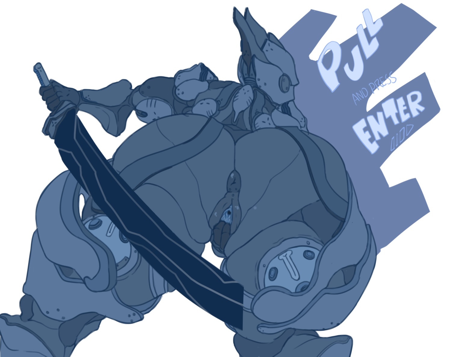 alien anus big_butt blue_and_white butt digital_extremes e621 ember_(warframe) english_text female genitals hi_res monochrome not_furry roly solo tencent tenno text vulva warframe warframe_(species) wide_hips
