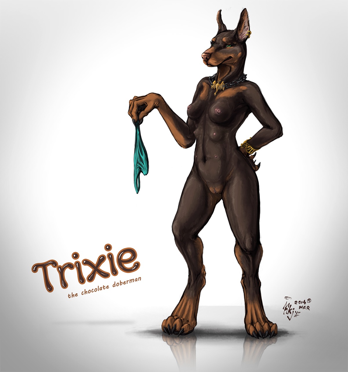 2014 4_breasts 4_toes anthro areola athletic athletic_anthro athletic_female barefoot biped bracelet breasts brown_body brown_fur brown_nose canid canine canis chain claws clothing collar detailed digitigrade dobermann domestic_dog e621 ear_piercing feet female front_view fur genitals green_eyes hand_on_hip hi_res holding_clothing holding_object holding_panties holding_underwear jewelry karukuji leg_markings mammal markings multi_breast multi_nipple naughty_face navel necklace nipples nude panties pawpads paws piercing pinscher pinup pose reflection seductive simple_background socks_(marking) solo toes trixie_(karukuji) underwear vulva white_background