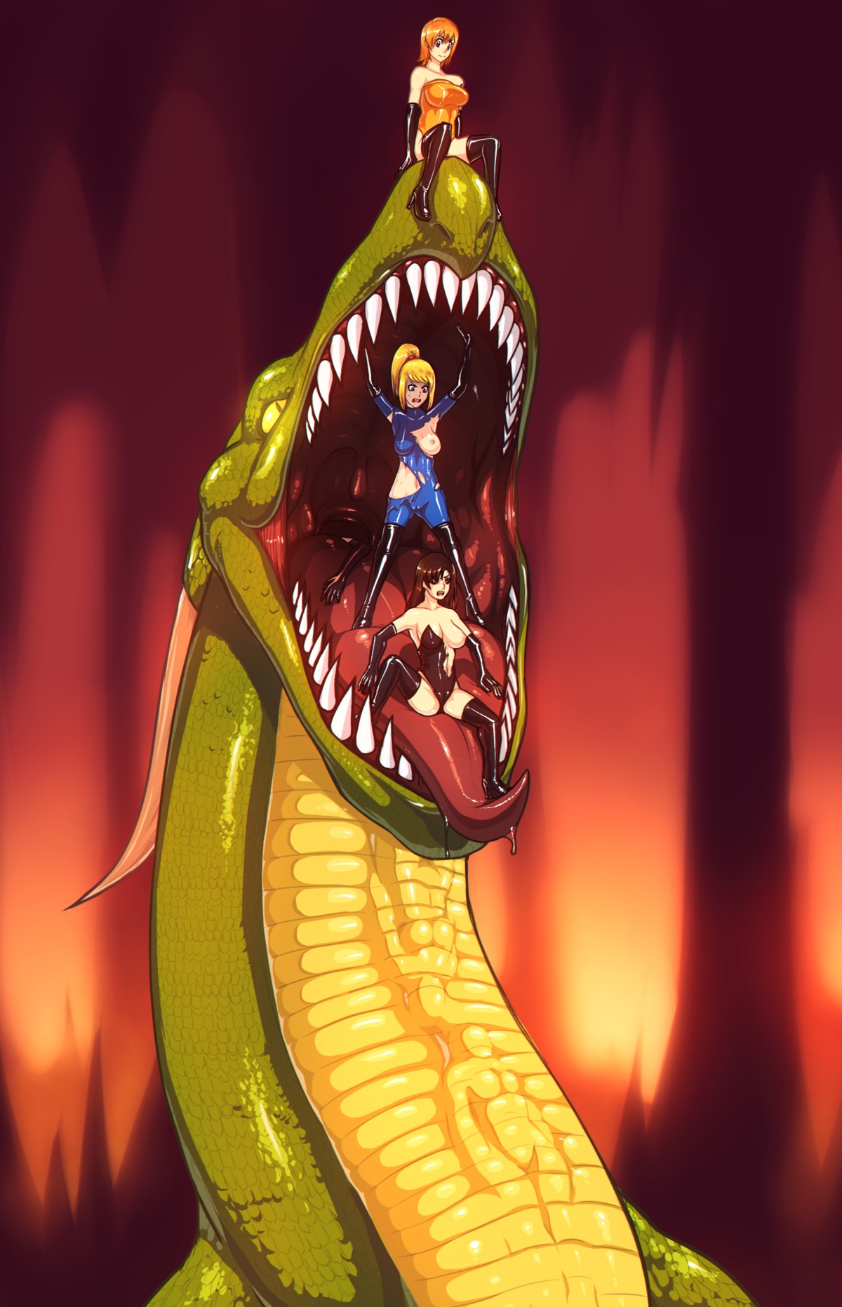 6+girls 6girls animal black_hair blonde_hair breast_slip breasts bulge cameltoe clothing crossover danger dragon dragon_vore female female_focus female_prey feral feral_pred final_fantasy final_fantasy_vii gloves high_resolution human human_prey latex latex_boots latex_gloves metroid modeseven monster multiple_females multiple_girls nami_(one_piece) nintendo nitrotitan one_breast_out one_piece orange_hair ponytail pre-timeskip pussy rule34 samus_aran scalie skin_tight swallowing throat_bulge tied_hair tifa_lockhart torn_bodysuit torn_clothes vore what zero_suit
