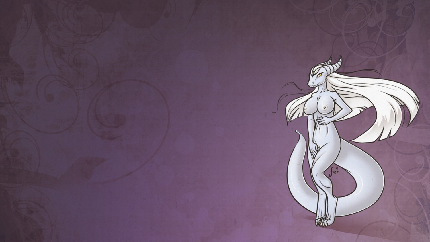16:9 2014 abstract_background anthro big_breasts breasts digital_media_(artwork) draako dragon e621 female feretta genitals hair hi_res horn looking_at_viewer mis'alia mythological_creature mythological_scalie mythology navel nipples non-mammal_breasts non-mammal_nipples nude orange_eyes scalie shaded silver_dragon simple_background smile solo tail vulva white_hair white_nipples widescreen yellow_eyes