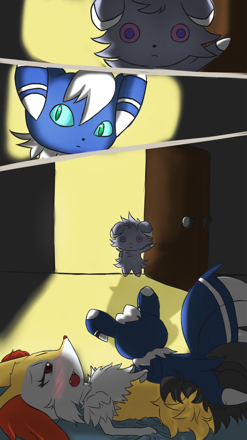 2013 2_tails ambiguous_gender anthro bedding black_body black_fur blue_body blue_fur blush braixen canid canine caught_in_the_act comic digital_media_(artwork) door e621 espurr eyelashes fangs felid female fur generation_6_pokemon green_eyes grey_body grey_fur group hair hi_res humor inner_ear_fluff inside male male/female mammal meowstic meowstic_(male) multi_tail nintendo open_mouth orange_body orange_fur pokemon pokemon_(species) pupils red_eyes sex signature slit_pupils standing stare tail teeth tuft unknownlifeform walk-in white_body white_fur white_hair yellow_body yellow_fur