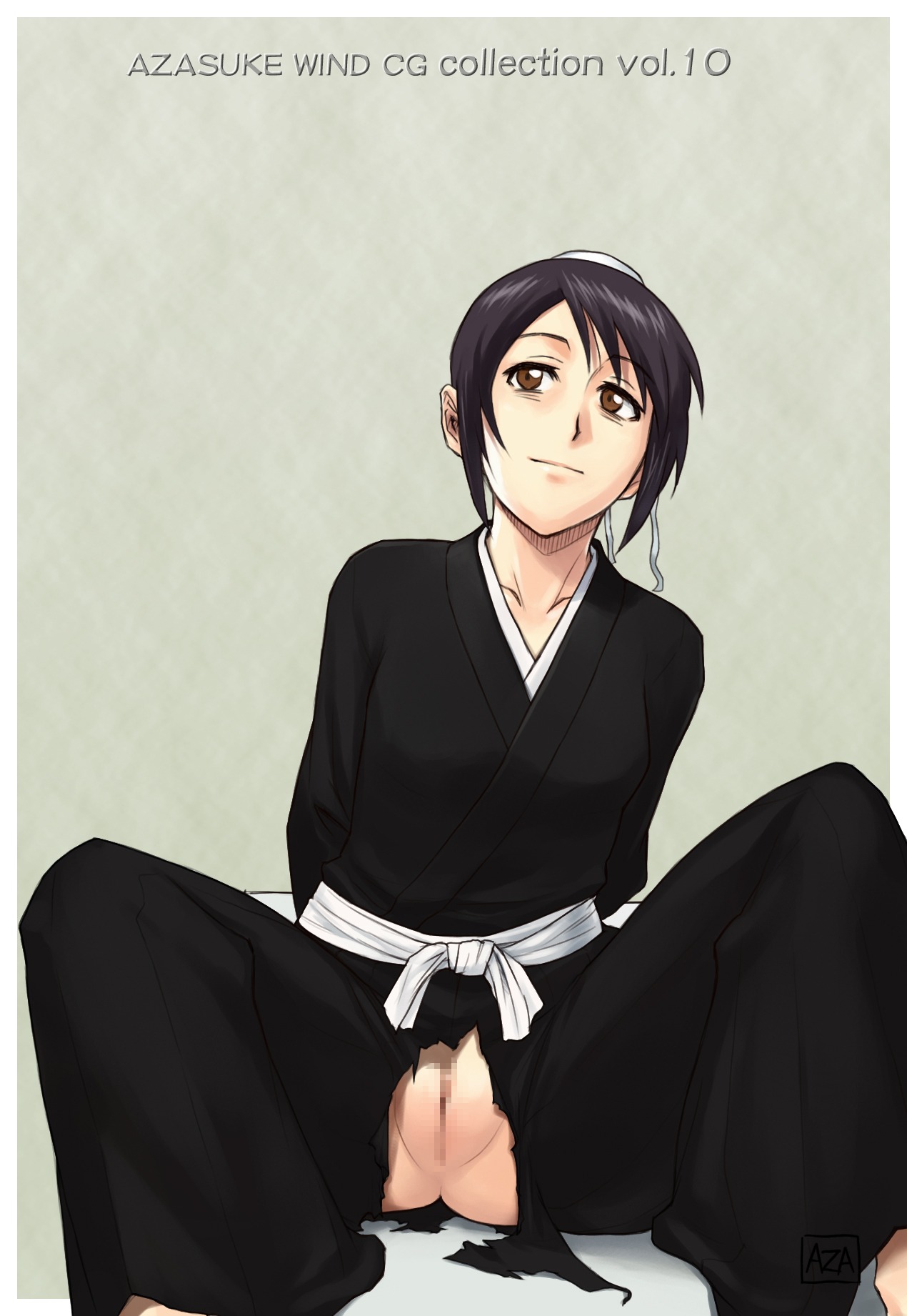 azasuke black_hair bleach brown_eyes censored female hair_bun hakama high_resolution hinamori_momo japanese_clothes no_panties pussy rule34 shaved_pussy short_hair sitting solo spread_legs torn_clothes