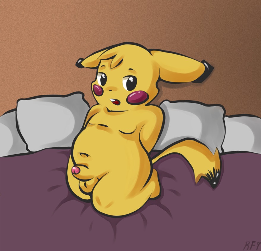 2009 anthro balls bed biped e621 fur furniture generation_1_pokemon genitals kneeling male mammal nintendo nude open_mouth overweight overweight_anthro overweight_male penis pikachu pillow pokemon pokemon_(species) rodent rousemouse semi-anthro slightly_chubby solo tail teeth yellow_body yellow_fur