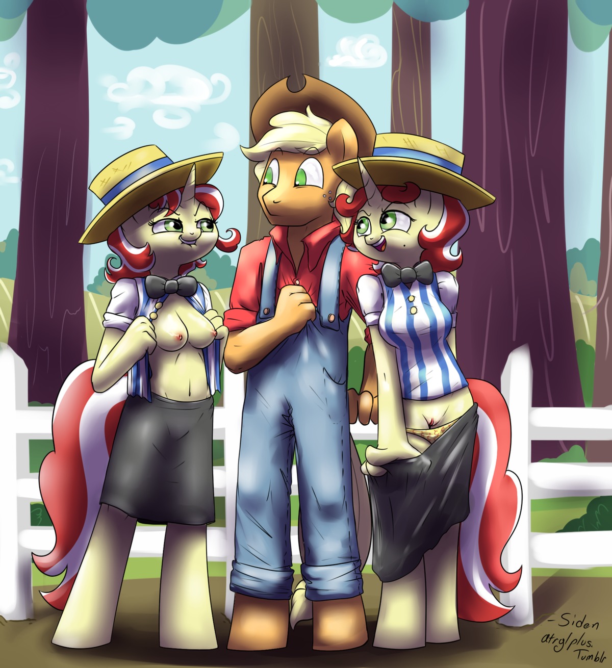anthro anthrofied applejack_(mlp) bow_(feature) bow_tie breasts clothing crossgender e621 earth_pony equid equine female flam_(mlp) flim_(mlp) flirting friendship_is_magic genitals green_eyes group hasbro hat headgear headwear hi_res horn horse identical_twins male male/female mammal mtf_crossgender my_little_pony mythological_creature mythological_equine mythology pony sibling_(lore) sister_(lore) sisters_(lore) tail twins_(lore) undressing unicorn vulva wick_(artist)