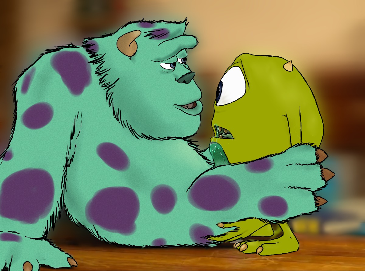 1_eye anthro biceps bodily_fluids cum cum_inside disney duo e621 erection fellatio genital_fluids genitals green_body green_skin horn ifv_(artist) larger_male larger_sub male male/male male_penetrated male_penetrating male_penetrating_male markings mike_wazowski monster monsters_inc monsters_university muscular open_mouth oral penetration penile penis pixar sex sitting size_difference smaller_male submissive sulley teeth tongue