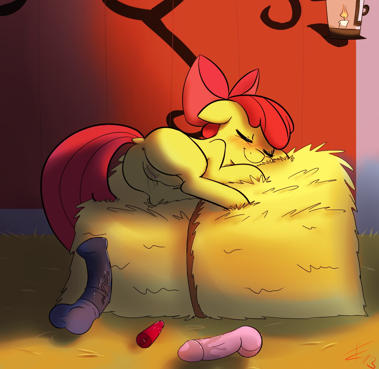 2013 accessory after_masturbation anus apple_bloom_(mlp) blush bodily_fluids bow_(feature) bow_accessory bow_ribbon butt candle crade dildo e621 earth_pony equid equine eyes_closed female female_feral feral fire friendship_is_magic genital_fluids genitals hair hair_accessory hair_bow hair_ribbon hasbro hay hi_res horse lying mammal my_little_pony on_side pony red_hair ribbons sex_toy sleeping smile solo vaginal_fluids vulva young young_feral