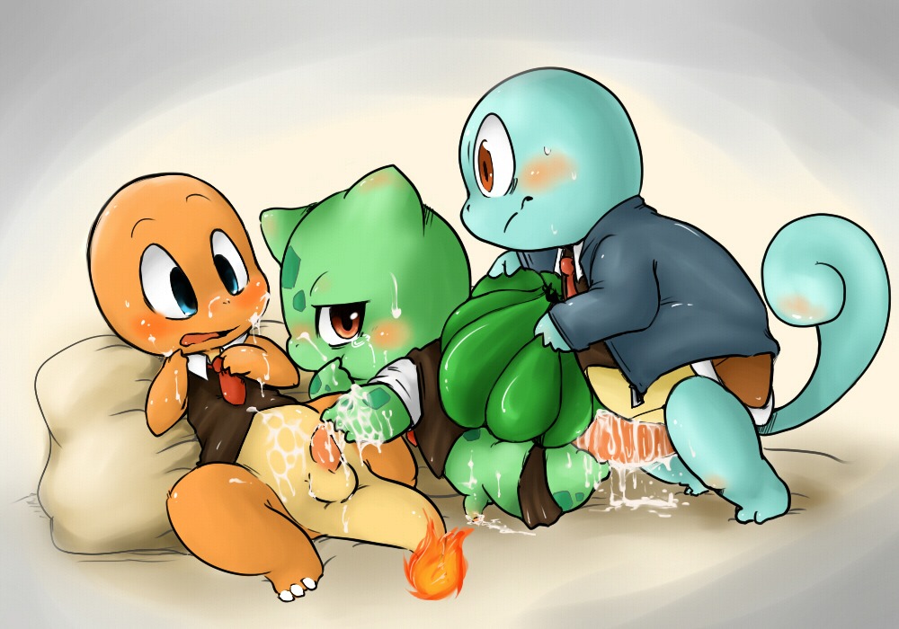 anal animal_genitalia animal_penis balls blue_body blue_eyes blue_skin blush bodily_fluids bottomless bulbasaur charmander clothed clothing cum doneru e621 erection feral fire flaming_tail generation_1_pokemon genital_fluids genitals group group_sex male male/male male_penetrated male_penetrating male_penetrating_male nintendo oral orange_body orange_skin penetration penis pillow pokemon pokemon_(species) red_eyes sex shell squirtle starter_trio suit sweat tail threesome trio turtle_penis uniform young