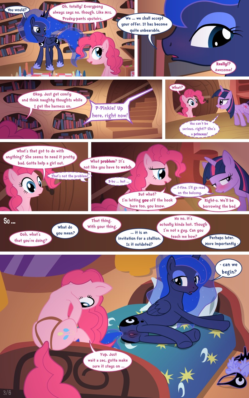 2011 5:8 bed blue_body blue_feathers blue_hair blush comic dialogue dildo e621 earth_pony english_text equid equine ethereal_hair feathered_wings feathers female female/female feral friendship_is_magic fur furniture genitals group hair hasbro hi_res horn horse mammal multicolored_hair my_little_pony mythological_creature mythological_equine mythology pillow pinkie_pie_(mlp) pony princess_luna_(mlp) purple_body purple_fur purple_hair quadruped sex_toy strapon syoee_b tail text twilight_sparkle_(mlp) two_tone_hair unicorn vulva winged_unicorn wings