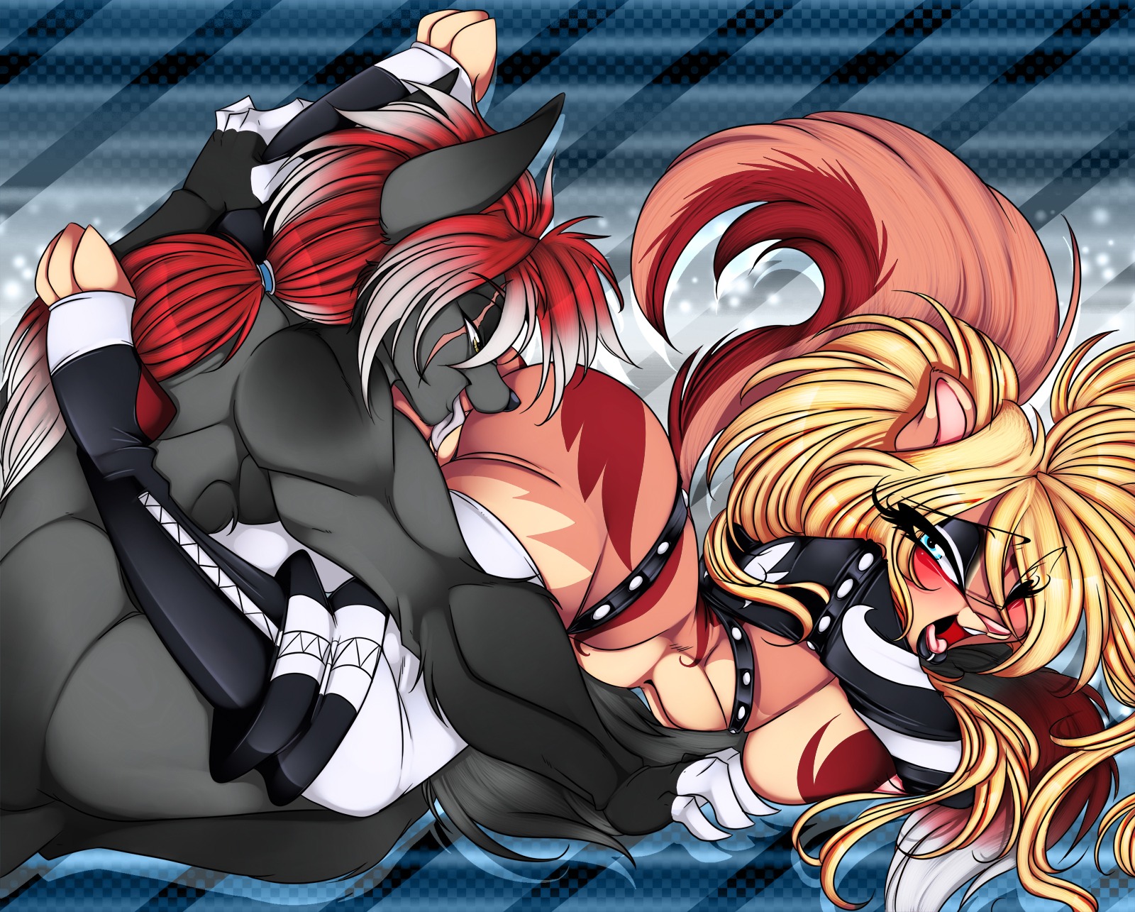 2011 angel_kryis anthro anthro_on_anthro big_breasts black_body black_fur blonde_hair blue_eyes blush breasts butt canid canine canis clothing crystal-for-ever cunnilingus digital_media_(artwork) domestic_cat domestic_dog duo e621 facial_piercing feet felid feline felis female footwear fur genitals hair hi_res hindpaw legwear licking lip_piercing lip_ring long_hair looking_at_viewer makeup male male/female mammal markings muscular nipples nude nytro_(fluff-kevlar) open_mouth oral paws piercing ponytail red_hair ring_piercing scar sex socks spikes spread_legs spreading tail thigh_highs toeless_footwear toeless_socks tongue tongue_out vaginal vulva yellow_eyes