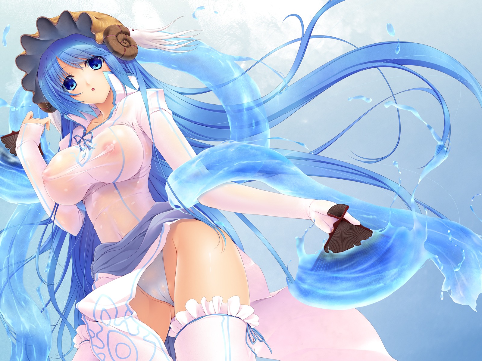 areola blue_eyes blue_hair breasts cameltoe clothing fan female hat highres horns impossible_clothes impossible_clothing impossible_shirt large_breasts long_hair looking_at_viewer luminous_arc luminous_arc_2 lunaluna_(luminous_arc) nakano_sora nautilus_(animal) nipples panties pussy rule34 sash seashell see-through see-through_clothing shell shirt stockings thighhighs underwear very_long_hair