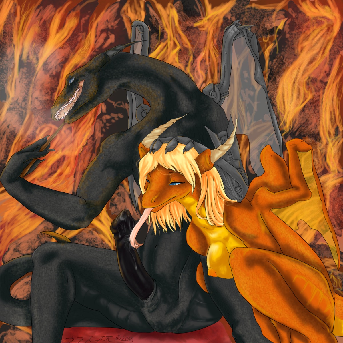 black blonde_hair breasts cloaca crouching dragon fellatio female hair kavi lava licking male oral oral_sex orange penis precum rule34 scalie sex sheath smile smoke straight tongue volcanic_setting wings