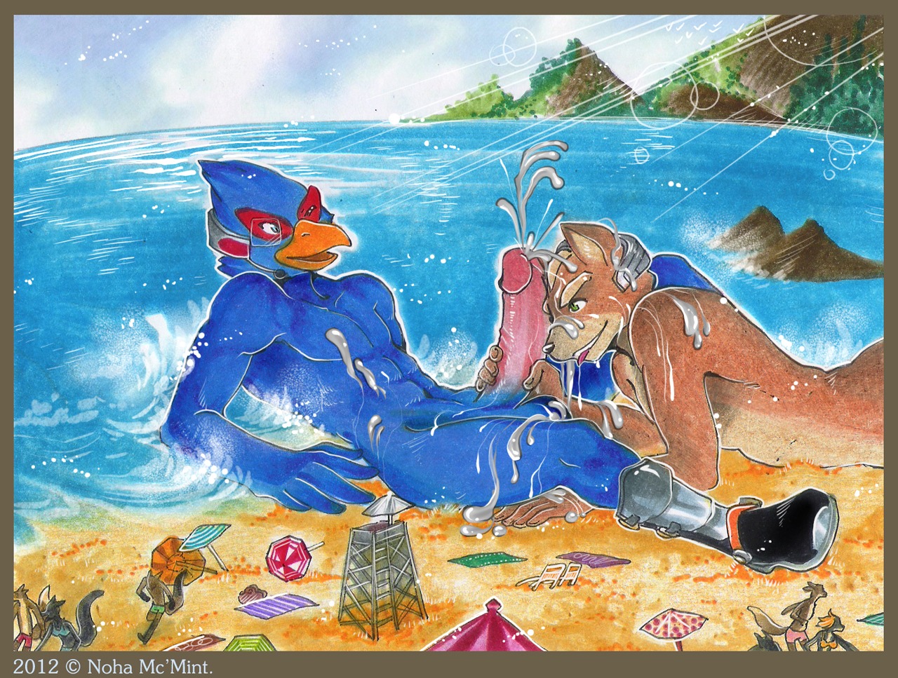 2012 anthro avian balls beach beak bird blue_body blue_feathers bodily_fluids canid canine cloud cum detailed_background e621 erection extreme_size_difference falco_lombardi feathers fellatio fox fox_mccloud genital_fluids genitals group humanoid_genitalia humanoid_penis interspecies macro macro_on_macro male male/male male_penetrated male_penetrating male_penetrating_male mammal mcmint nintendo oral outside outside_sex penetration penile penis sand seaside sex sex_on_the_beach size_difference sky star_fox tail traditional_media_(artwork)
