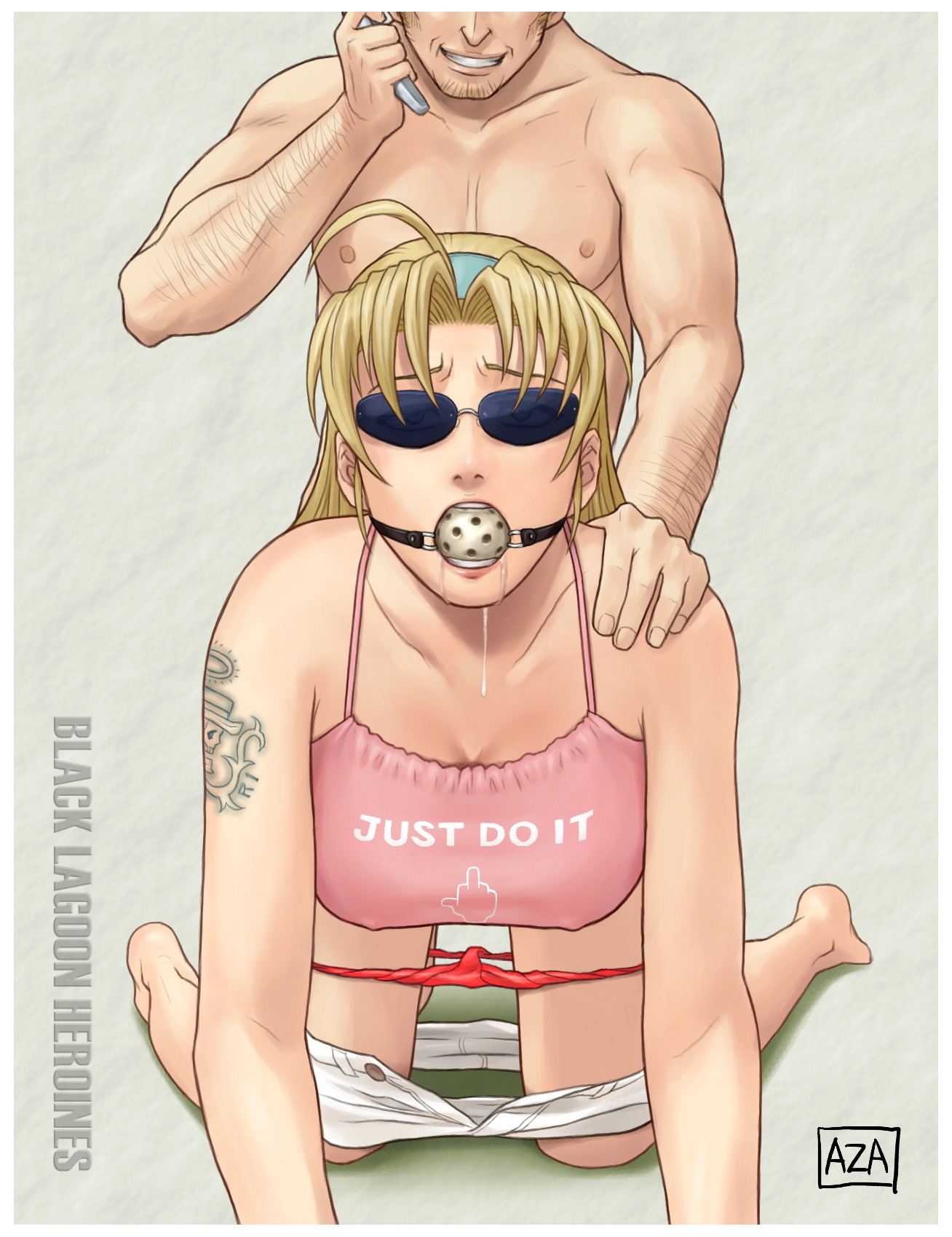 ahoge all_fours azasuke ball_gag black_lagoon blonde_hair blue-tinted_eyewear doggy_style drooling eda erect_nipples gag gagged hairband hairy hairy_male highres long_hair male nipples open_mouth panties panty_pull rule34 saliva sex shorts sunglasses tank_top tattoo tinted_eyewear underwear
