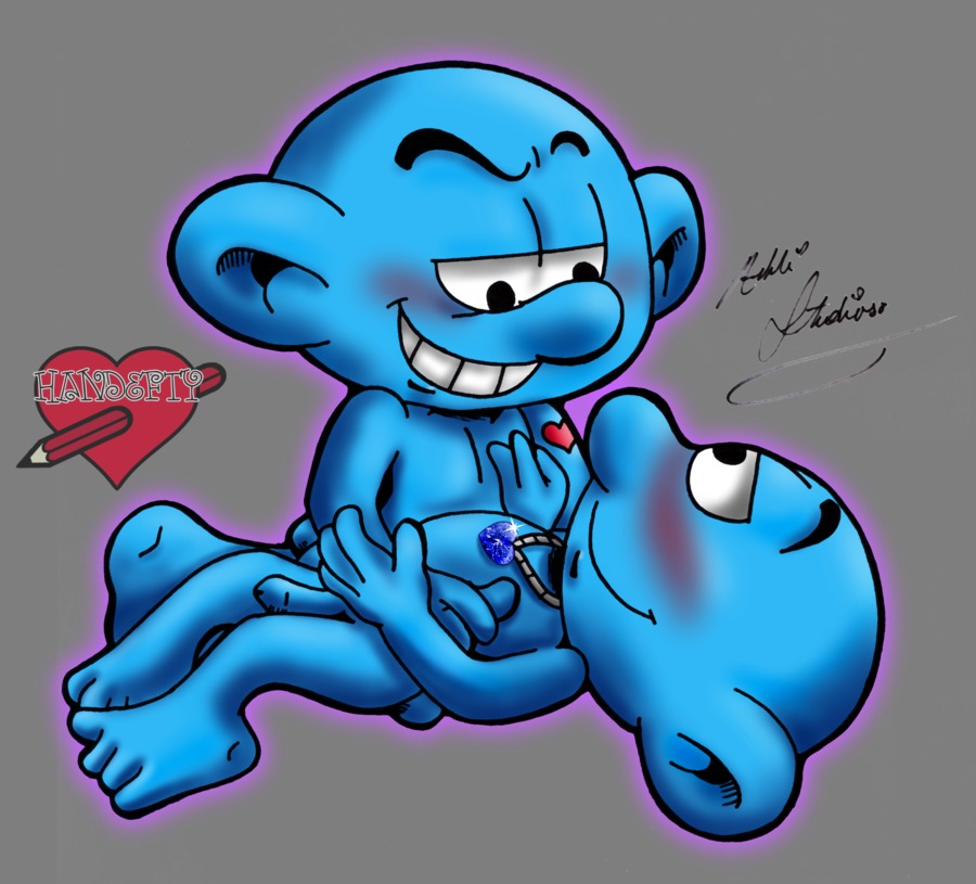 2boys artist_signature bald blue_skin blue_stone blush flaccid foreskin gay half-closed_eyes half-erect hand_on_chest handeftyplz handy_smurf heart_pendant heart_tattoo hefty_smurf imminent_sex looking_at_partner male multiple_males naughty_face necklace nude pants_removed penis round_ears rule34 tagme the_smurfs uncircumcised uncut yaoi