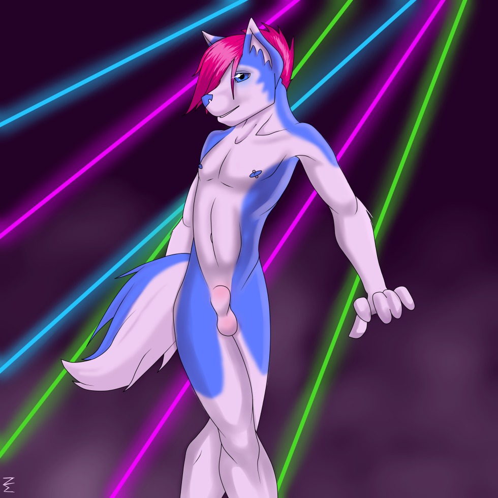 1:1 animal_genitalia anthro balls biped blue_body blue_fur canid canine canis dancing domestic_dog e621 femboy fully_sheathed fur genitals hair laser male mammal milo_nettle nipple_piercing nipples nude piercing pink_hair rave sheath smoke solo tail