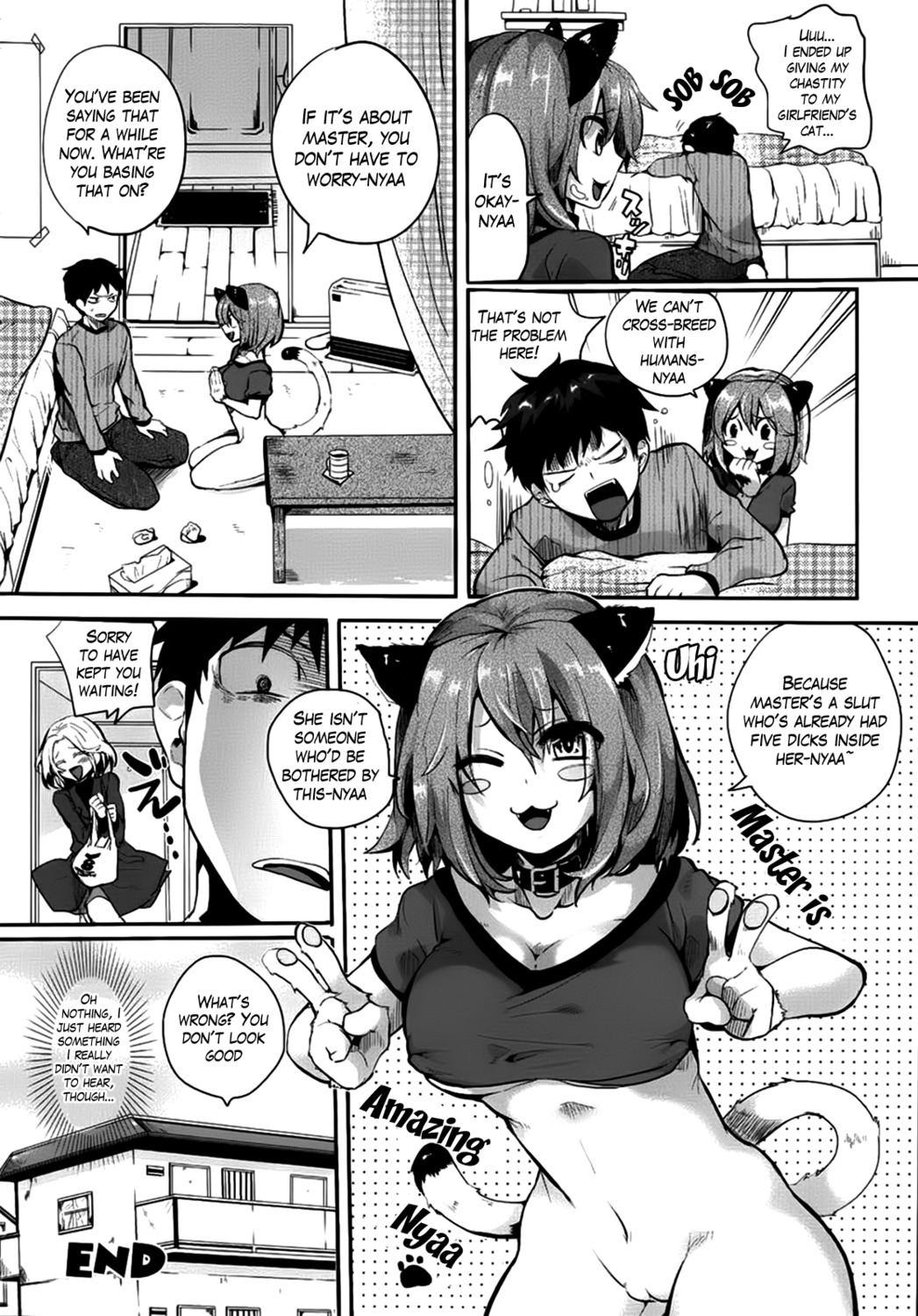 :3 animal_humanoid big_breasts black_hair blush bodily_fluids bottomless breasts cat_humanoid cleavage clothed clothing collar comic crying dipstick_tail domestic_cat double_v_sign doumou duo e621 english_text fangs felid felid_humanoid feline feline_humanoid felis female genitals gesture greyscale hair hand_gesture hi_res human humanoid male mammal mammal_humanoid markings monochrome navel nipples open_mouth shocked smile tail tail_markings tears teeth text tongue under_boob v_sign vulva