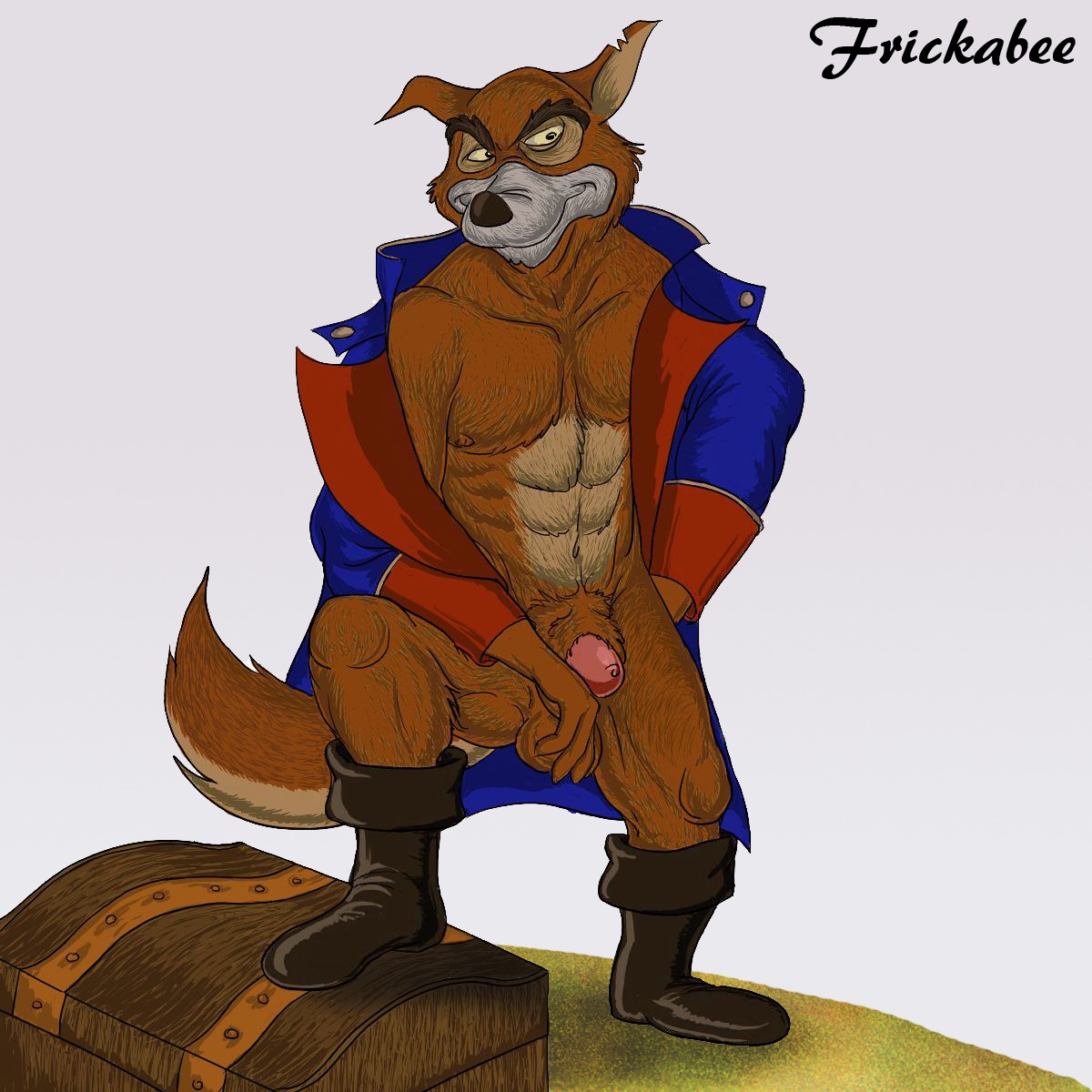 1:1 abs animal_genitalia anthro balls boots brown_body brown_fur canid canine canis clothed clothing coat disney don_karnage e621 erection footwear frickabee front_view fur genitals hi_res looking_at_viewer male mammal muscular muscular_anthro muscular_male nipples notched_ear open_clothing penis red_wolf sheath shoes simple_background smile solo step_pose tail talespin tan_body tan_fur topwear treasure_chest white_background wolf