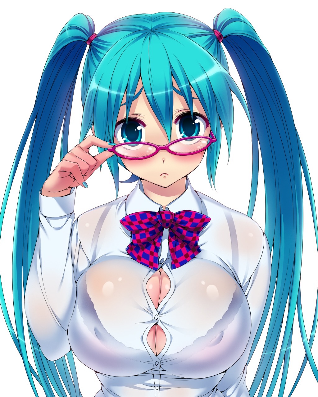 1girl :< adjusting_eyewear adjusting_glasses aqua_eyes aqua_hair bespectacled black_bra blue_eyes blue_hair blush bow bowtie bra bra_visible_through_clothes breasts bursting_breasts button_gap cleavage erect_nipples eyewear female frown glasses hatsune_miku high_res highres hisashi hisashi_(nekoman) hisasi huge_breasts large_breasts lingerie long_hair long_sleeves looking_at_viewer megane nail_polish nipples oppai pink-framed_eyewear pink-framed_glasses plaid_bow plaid_bowtie ribbon rule34 see-through sheer shirt simple_background solo straining_buttons tied_hair tight_clothes twintails underwear upper_body very_long_hair vocaloid white_background white_shirt