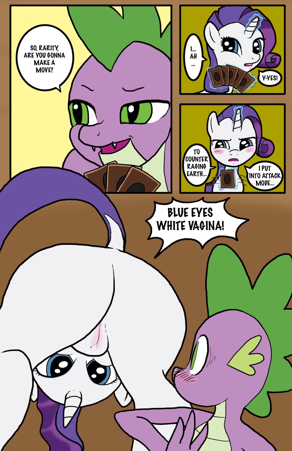 2013 absurd_res bico-kun blue_eyes blush body_blush butt card card_game card_hand crossover dialogue dragon duo e621 english_text equid equine female feral friendship_is_magic fur gaming genitals green_eyes hair hasbro hi_res holding_object horn horn_magic konami levitating_object looking_through looking_through_legs magic mammal my_little_pony mythological_creature mythological_equine mythological_scalie mythology purple_hair rarity_(mlp) scalie spike_(mlp) text trading_card trading_card_game unicorn vulva vulva_blush white_body white_fur yu-gi-oh! yu-gi-oh_card