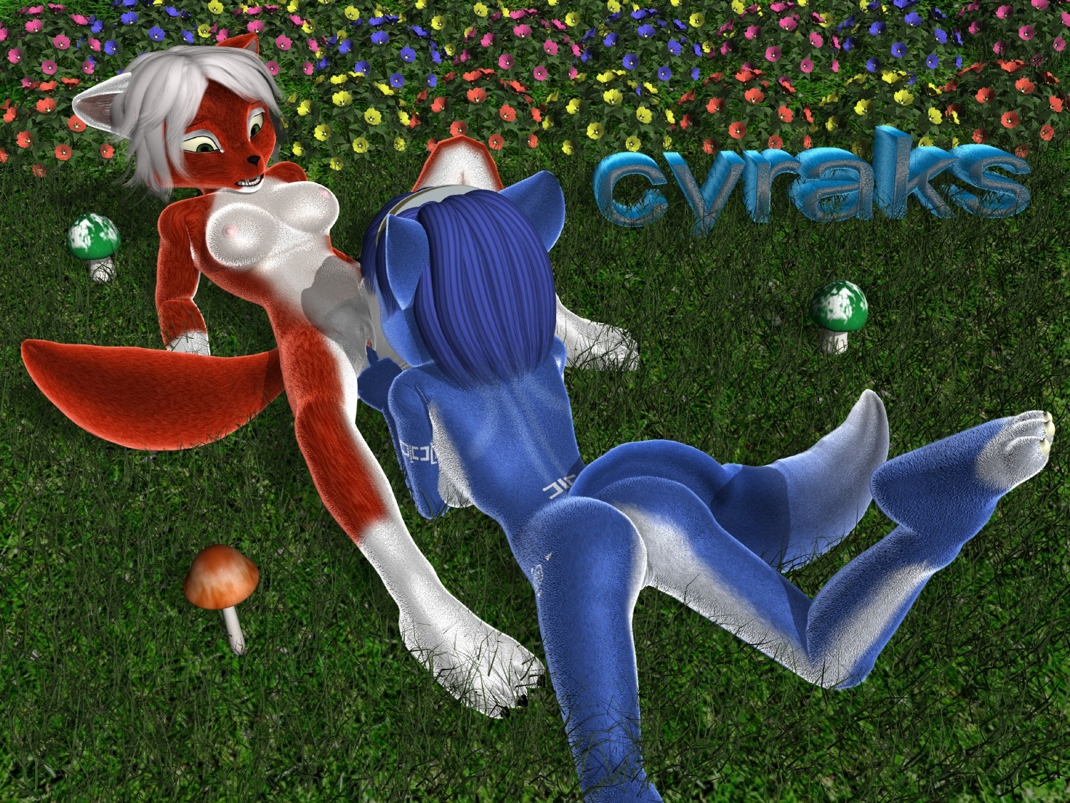 3d anthro ass barefoot blue_fur blue_hair breasts claws color cyraks day female female_only fingering fox fur furry furry_ass furry_breasts furry_ears furry_tail grass hair krystal lying multiple_females nipples nude on_back on_front outdoors pink_nipples pointy_ears pussy red_fur rule34 short_hair star_fox tail vulva white_fur white_hair yuri