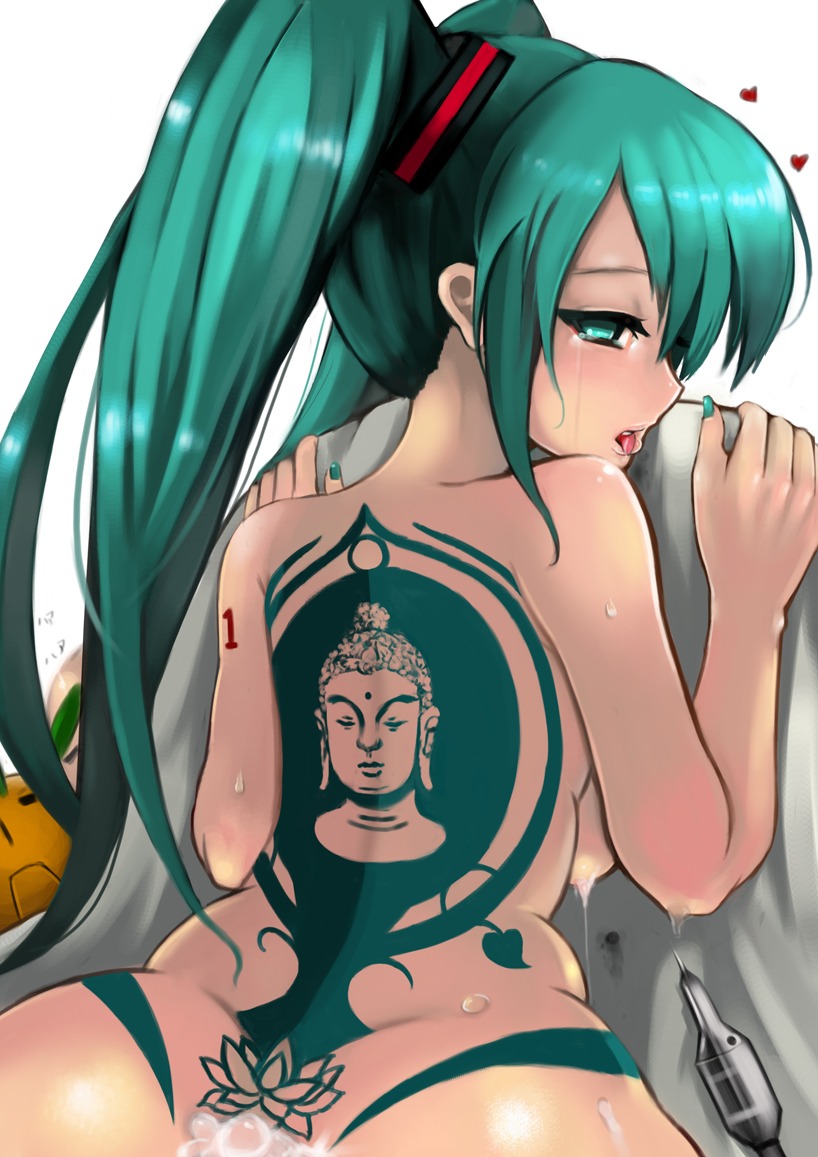 1girl after_sex aqua_eyes aqua_hair aqua_nails ass bare_back bare_shoulders breasts buddha cum cum_on_ass female from_behind green_eyes green_hair hatsune_miku heart long_hair looking_back medium_breasts mr_chwadee nail_polish needle nude out-of-frame_censoring public_domain rule34 saliva sex solo tattoo tears tied_hair tongue twintails very_long_hair vocaloid