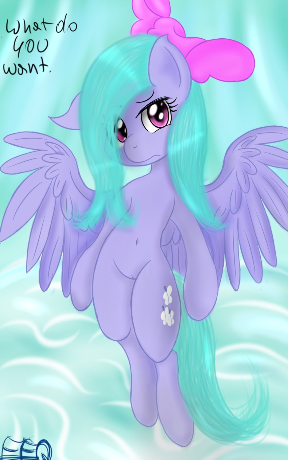 5:8 accessory blue_hair bow_(feature) bow_accessory bow_ribbon centered_hair_bow cutie_mark e621 english_text equid equine feathered_wings feathers female flitter_(mlp) flying freefraq friendship_is_magic fur genitals grey_body grey_fur hair hair_accessory hair_bow hair_ribbon hasbro hi_res looking_at_viewer mammal my_little_pony mythological_creature mythological_equine mythology pegasus pink_eyes purple_body purple_feathers purple_fur ribbons signature solo spread_wings tail text vulva wings