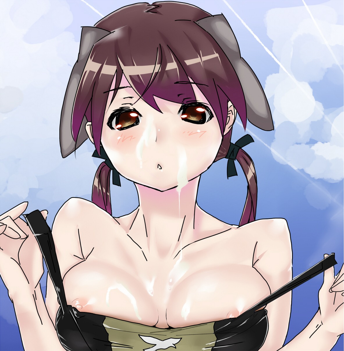 1girls animal_ear blush breasts brown_eyes brown_hair bust cum cum_on_body cum_on_breasts cum_on_upper_body facial female gertrud_barkhorn hair_ribbon highres long_hair medium_breasts nipples one-piece_swimsuit paya! ribbon rule34 solo strike_witches swimsuit tied_hair twintails undressing world_witches_series