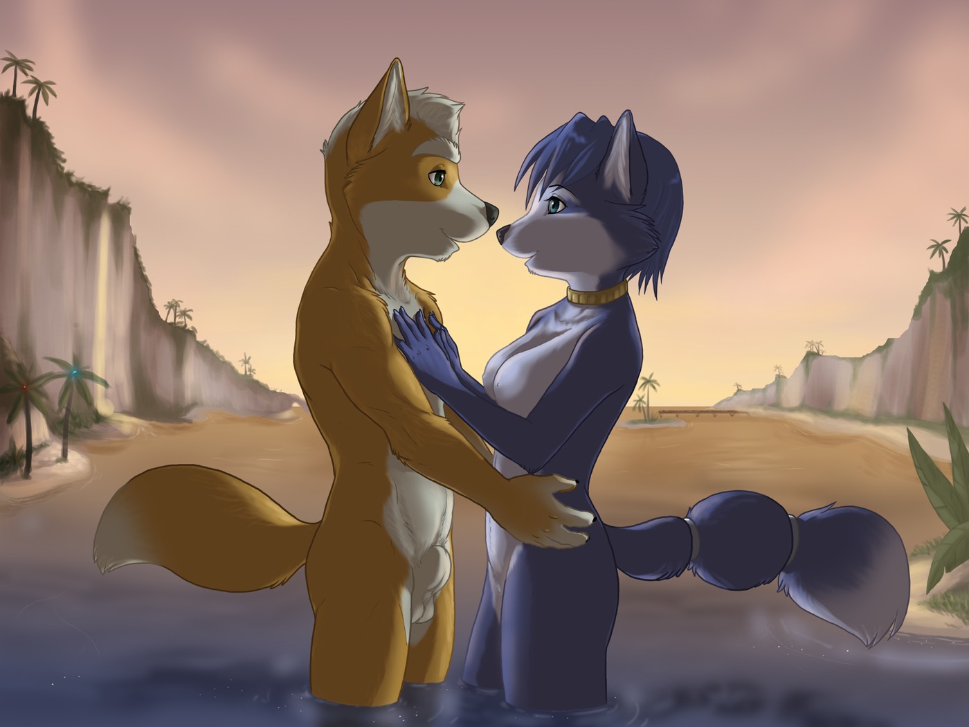 4:3 anthro balls blue_fur blue_hair breasts choker claws color day eclipsewolf eye_contact female fox fox_mccloud fur furry furry_breasts furry_ears furry_tail hair hands_on_chest hands_on_hips krystal looking_at_viewer male open_eyes outdoors pointy_ears rule34 short_hair side_view sky standing star_fox straight tail testicles water white_fur
