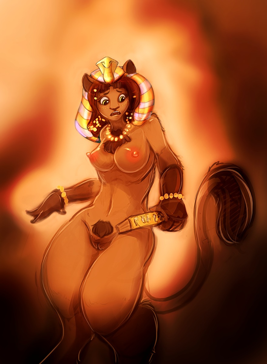 2014 abstract_background anthro book breasts brown_hair digital_media_(artwork) e621 egyptian felid female genitals hair headdress jewelry mammal mythological_creature mythological_sphinx mythology nipples nude open_mouth solo surprised tail transformation vulva watsup