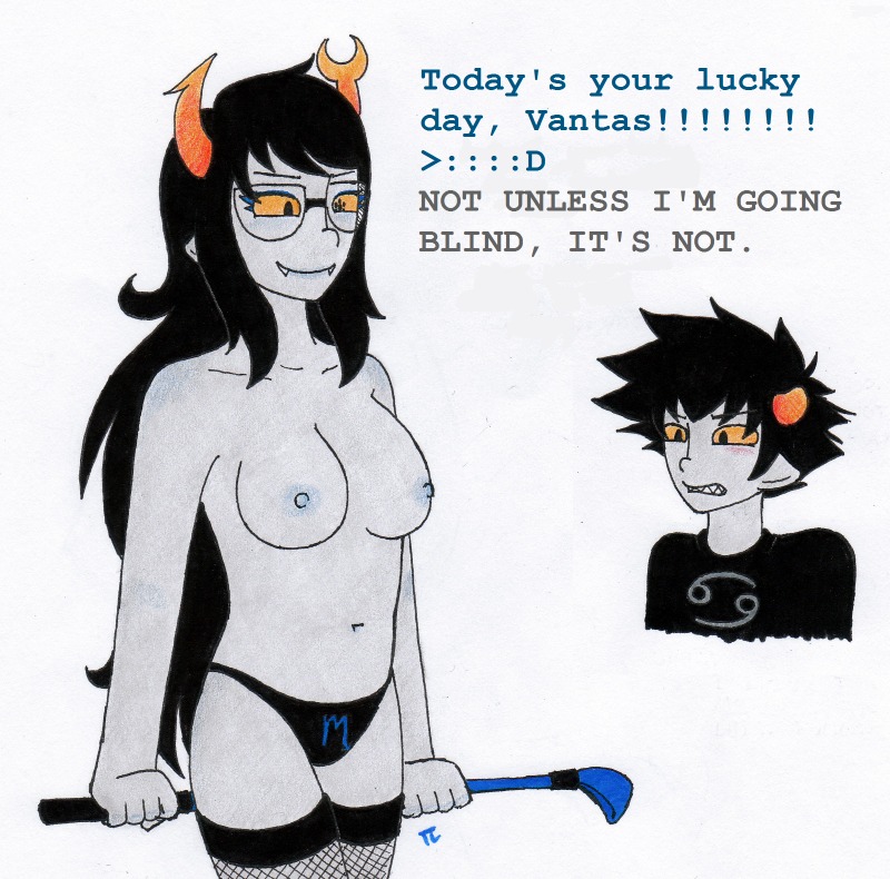 1boy 1girls :d black_hair blue_nipples breasts dialogue fangs female fishnet_stockings glasses grey_skin homestuck horns karkat_vantas long_hair male ms_paint_adventures nipples pandemoniumincarnate panties pointy_ears rule34 sharp_teeth short_hair smile source_request straight sweater text troll vriska_serket whip white_background yellow_eyes