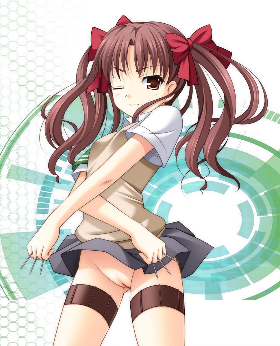 brown_eyes brown_hair censored female hair_ribbon hands highres narutaki_shin no_panties pussy ribbon rule34 school_uniform shirai_kuroko solo thigh_strap tied_hair to_aru_kagaku_no_railgun to_aru_majutsu_no_index twintails