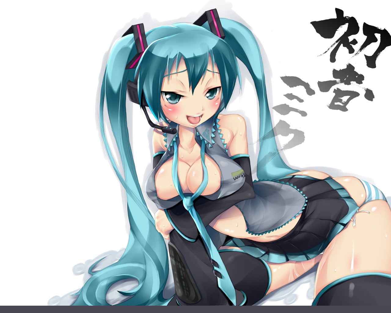 1girl aqua_eyes aqua_hair blush breast_hold breasts cleavage detached_sleeves female hatsune_miku headset imazon large_breasts long_hair medium_breasts microphone necktie open_clothes open_shirt oppai panties rule34 shimapan shirt side-tie_panties sitting skirt smile solo striped striped_panties sweat thighhighs tied_hair tongue twintails underwear very_long_hair vocaloid