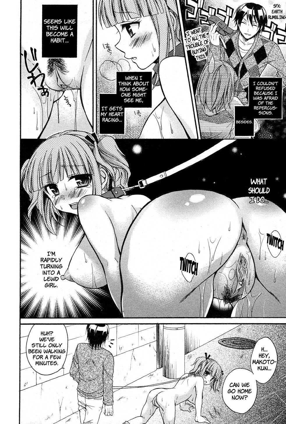 all_fours ass blush comic dog_collar dog_leash extreme_content female humiliation like_a_dog monochrome nude oppai public_nudity pussy rule34 text tied_hair translated tsubakiya_meguru twintails vagina
