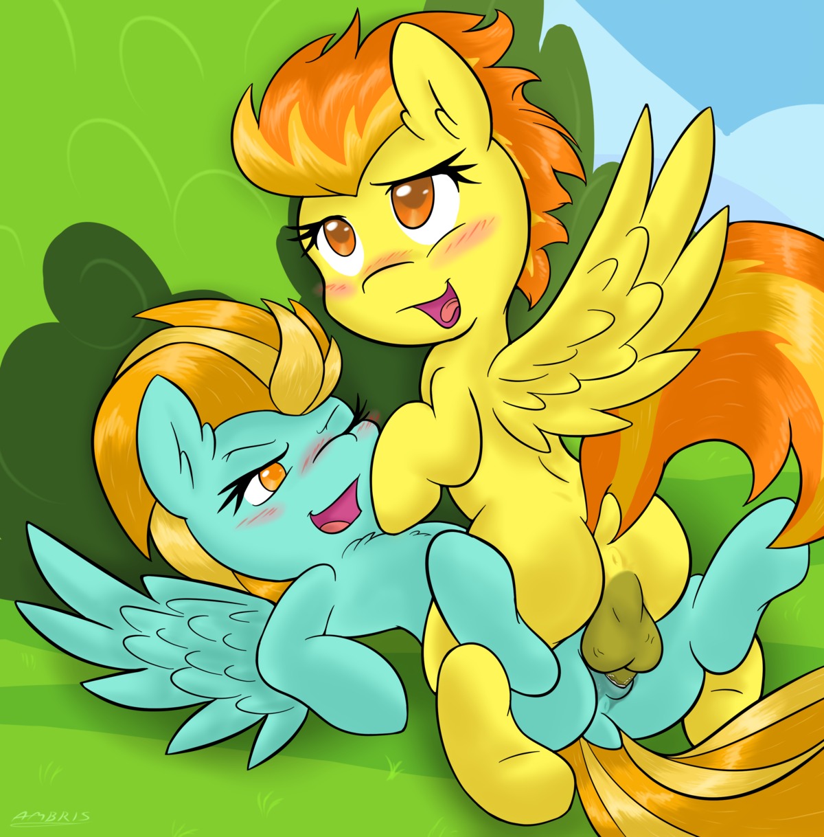 2014 absurd_res amber_eyes ambris anus backsack balls blonde_hair blue_body blue_feathers blush bodily_fluids butt cowgirl_position duo e621 equid equine erection feathered_wings feathers female female_on_top female_penetrated feral friendship_is_magic from_front_position fur genital_fluids genitals green_body green_fur gynomorph gynomorph/female gynomorph_on_bottom gynomorph_penetrating gynomorph_penetrating_female hair hasbro hi_res intersex intersex/female intersex_on_bottom intersex_penetrating intersex_penetrating_female lightning_dust_(mlp) mammal multicolored_hair my_little_pony mythological_creature mythological_equine mythology nude on_bottom on_top one_eye_closed open_mouth orange_hair pegasus penetration penile penile_penetration penis penis_in_vagina sex spitfire_(mlp) straddling tongue two_tone_hair vaginal vaginal_fluids vaginal_penetration vulva wings wonderbolts_(mlp) yellow_body yellow_eyes yellow_feathers yellow_fur