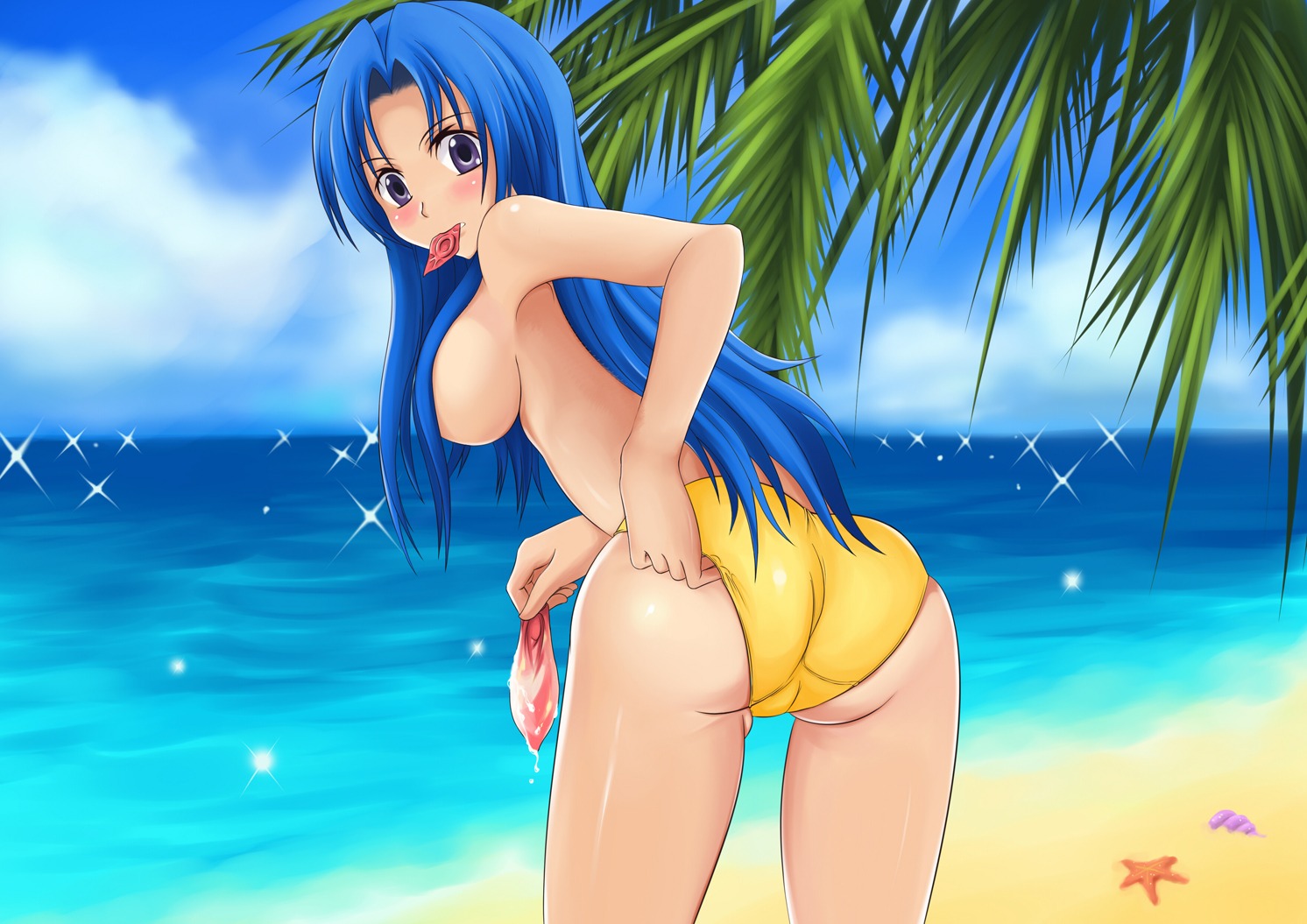 1girls ass beach bikini blue_hair breasts censored condom condom_in_mouth convenient_censoring cum female kawashima_ami large_breasts long_blue_hair long_hair mouth_hold ocean rule34 sideboob solo swimsuit topless toradora! underboob used_condom yuki_(clydtc)