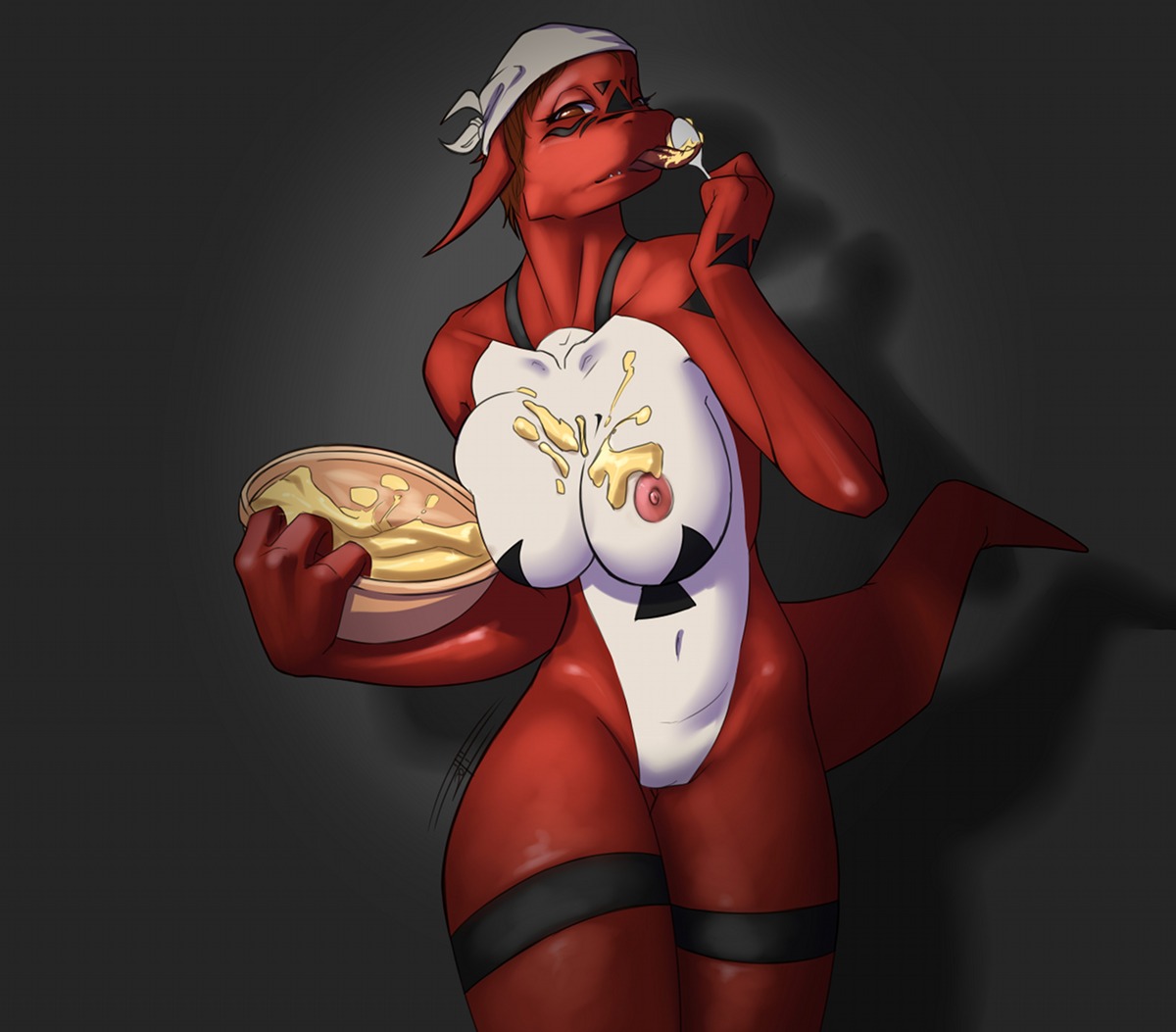 abstract_background anthro anthrofied bandai_namco batter big_breasts biped bowl breasts clothing container cutlery digimon digimon_(species) digimorph e621 eating facial_markings female genitals guilmon head_markings holding_object holding_spoon inverted_zero_unit kerchief kitchen_utensils markings mie_matsuki miemon navel nipples non-mammal_breasts non-mammal_nipples nude red_body red_scales scales scalie simple_background solo spoon standing stripes symbol tail tongue tongue_out tools vulva white-devil white_body white_scales zero_unit