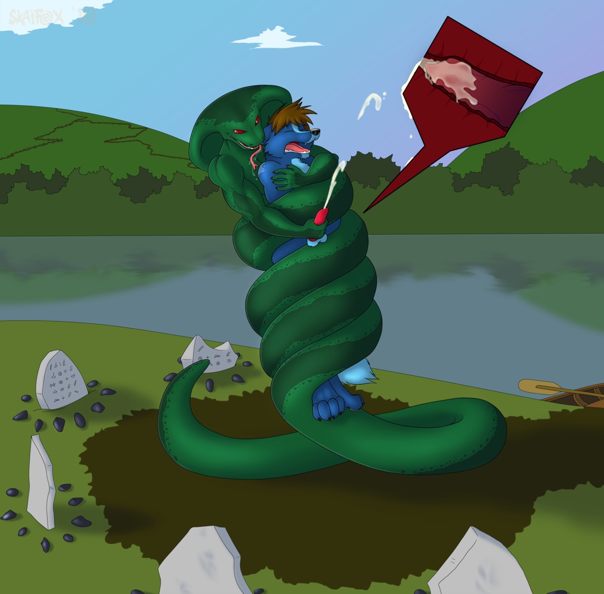 2010 anal anal_penetration anthro apode blue_body blue_fur bodily_fluids breasts brown_hair canid canine canoe cloud cobra coiling cum cumshot detailed_background draconcopode duo e621 ejaculation erection forest forked_tongue fox fur genital_fluids genitals grass green_body green_scales green_skin gynomorph gynomorph/male gynomorph_penetrating gynomorph_penetrating_male hair handjob hi_res internal intersex intersex/male intersex_penetrating intersex_penetrating_male interspecies island legless long_tongue male male_penetrated mammal naga orgasm outside paddle penetration penile penis plant reach_around red_eyes red_penis reptile rock scales scalie serpentine sex skaifox sky snake snake_hood tombstone tongue tongue_out tree vehicle water watercraft wood