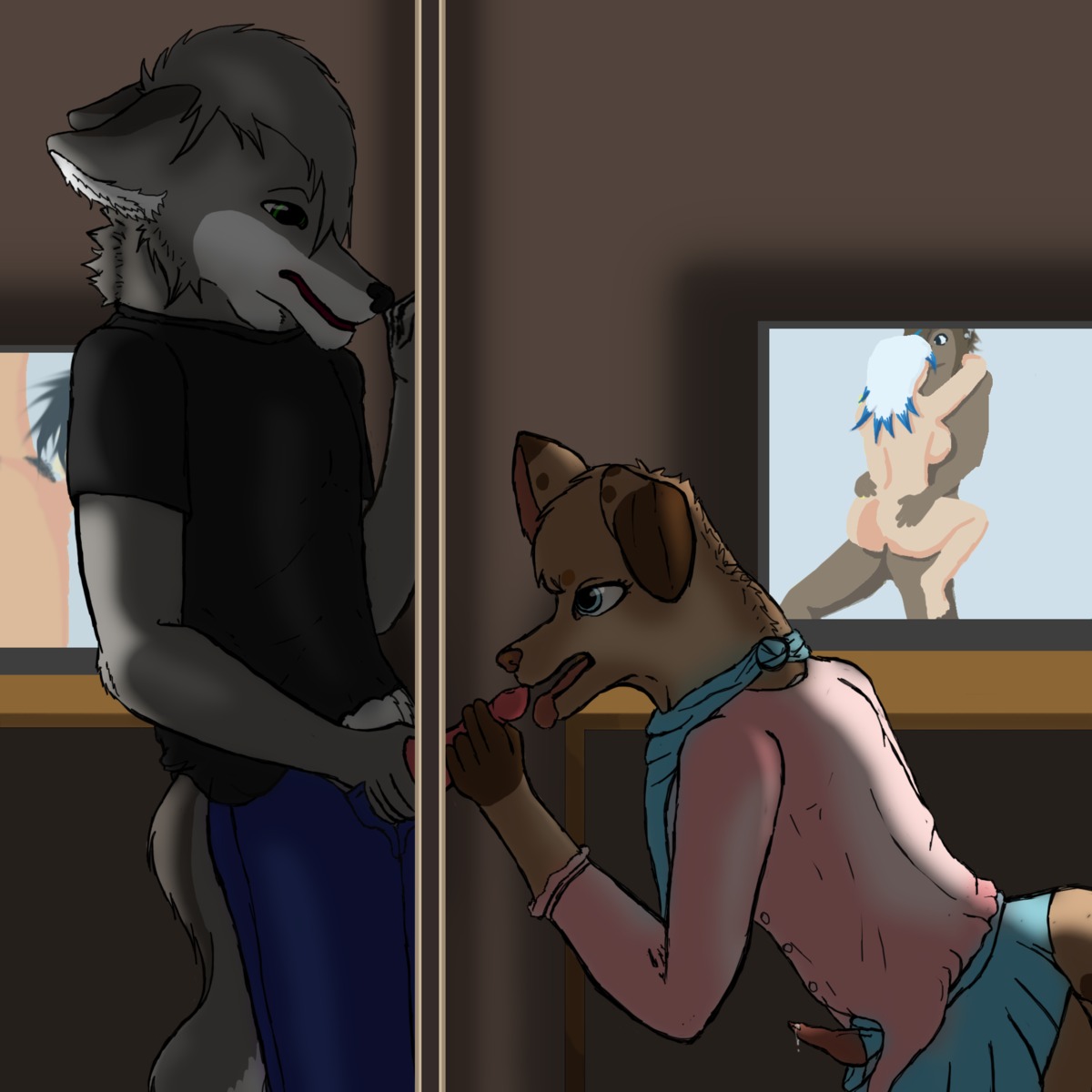 1:1 anthro canid canine canis clothed clothing crossdressing domestic_dog duo e621 electronics erection fellatio femboy genitals glory_hole hi_res licking male male/male male_penetrated male_penetrating male_penetrating_male mammal oral penetration penile penis penis_lick pornography pussycat-pussycat sex tail television tongue tongue_out