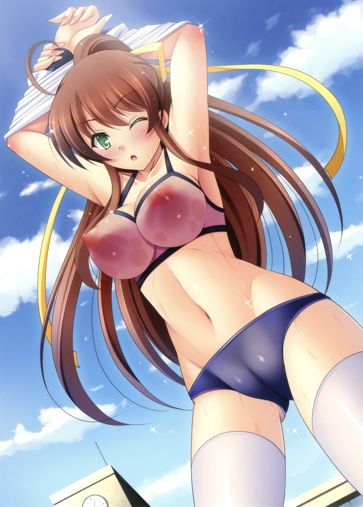 bra brown_hair buruma cameltoe female female_only green_eyes long_hair narutaki_shin nipples open_mouth oppai panties pointy_chin pussy rule34 see-through see-through_bra solo thighhighs undressing