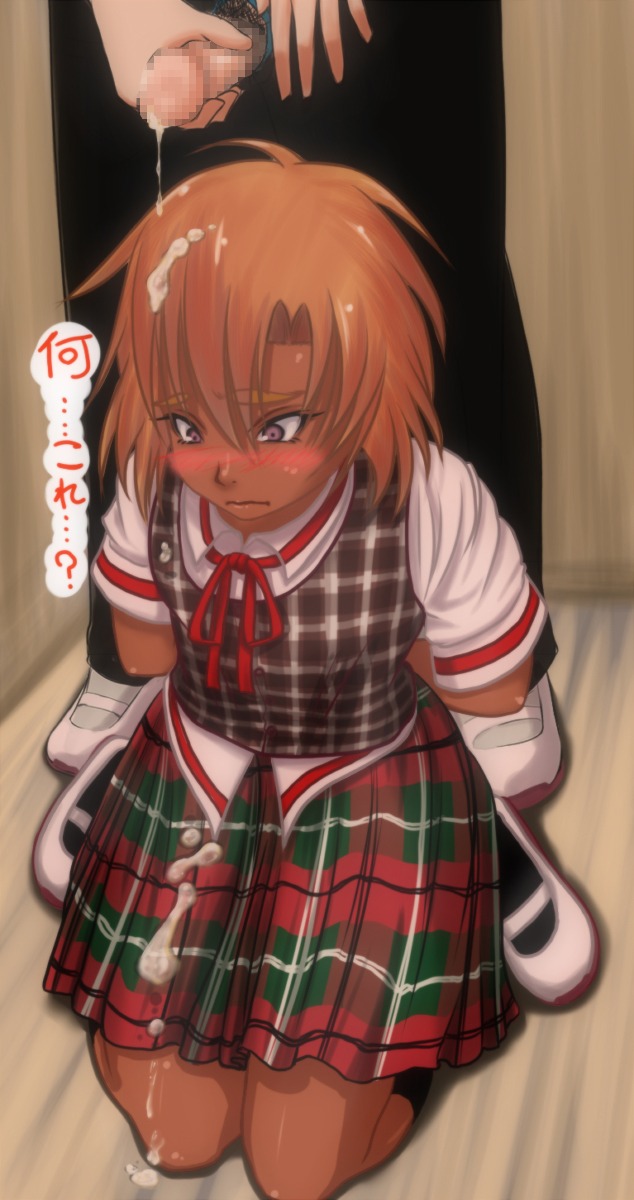 arms_behind_back blush censored clothed cum cum_on_clothes cum_on_hair dark_skin female hands_behind_back highres humiliation kneeling male masturbation penis rule34 school_uniform shoes skirt