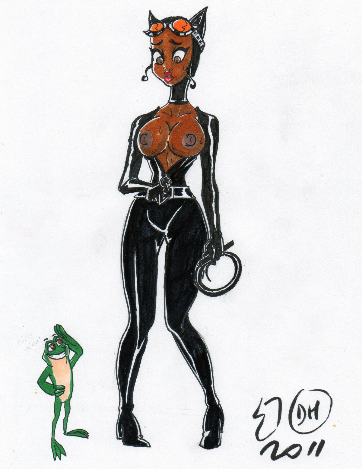 anthro areolae batman_(series) bodysuit breasts breasts_out cat_ears catwoman catwoman_(cosplay) cleavage cosplay cowl cross-eyed curvy dark-skinned_female dark_skin dc dc_comics disney disney_princess dragonhorse10 duo eyeliner fake_animal_ears female frog full_body gesture goggles goggles_on_head high_heels highres hourglass_figure human large_breasts larger_female looking_down male nipples no_bra pigeon-toed rule34 salute selina_kyle simple_background size_difference smaller_male smile standing sweat the_princess_and_the_frog tiana unzipped whip white_background